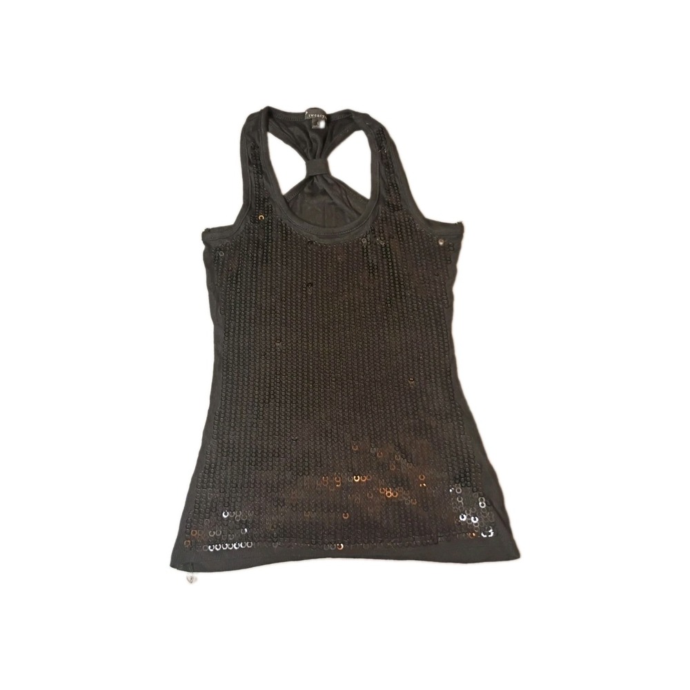 Twenty One Black Sequin Tank Top Large Racerback Cami Sparkle Ribbed Knit